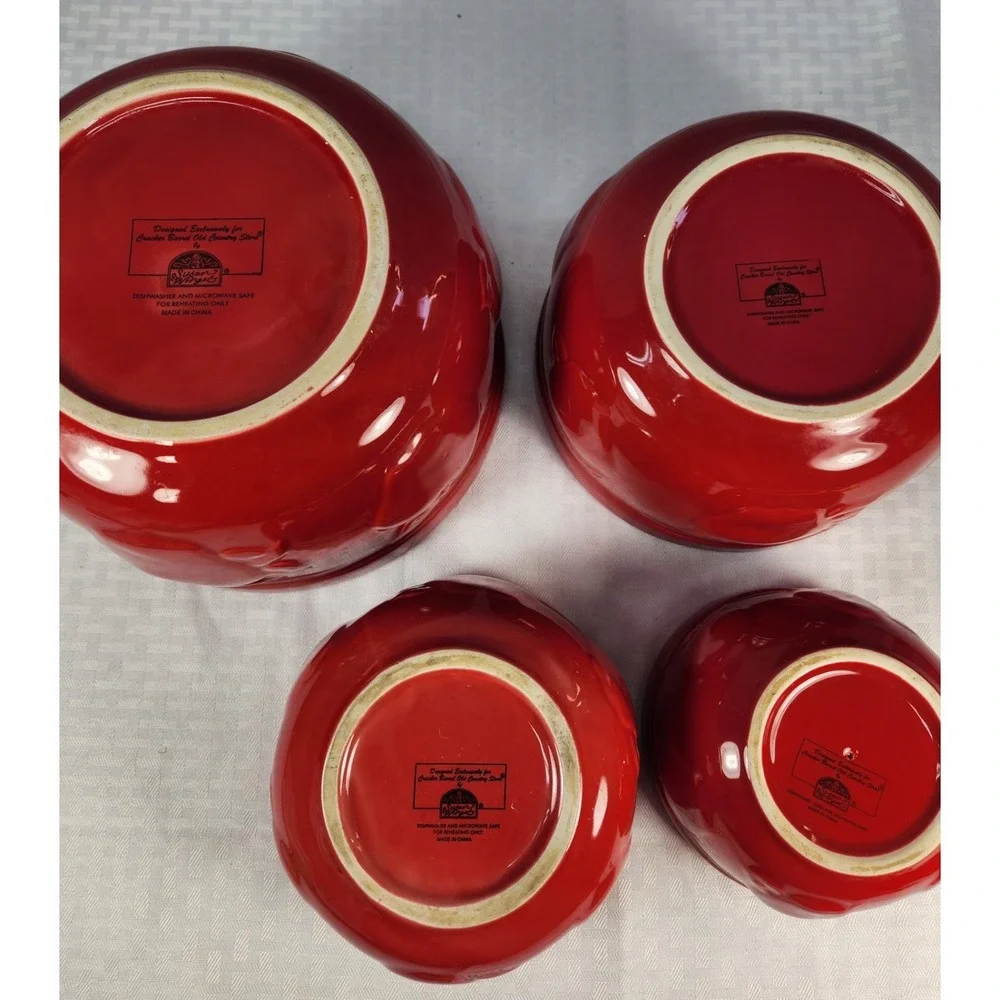 3 CRACKER BARREL Red Apple Nesting Bowls + Juicer Designed By Susan Winget